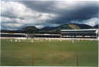 Brian Lara in action, scoring a century in Queens Park cricket stadium.