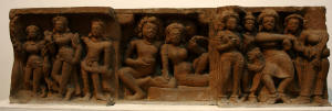 Lovers enjoying wine, dance and music, Gupta, 5th c. CE, Deogarh, UP; Stone; 34cm x 105cm x24cm
