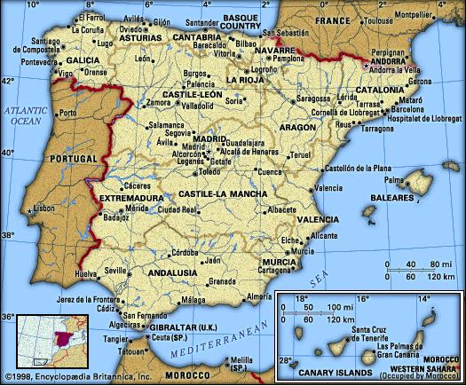 Spain Andalucia, Barcelona, and central Spain, 1995 (map, info).