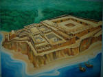 An artist's "reconstruction" of the most remarkable architectural complex on the whole Swahili coast (in the town of Kilwa). Built and inherited by sultan al-Hasan bin Sulaiman in 1315-1330s. Here he lived and held court and entertained the merchants and traveling scholars who journeyed from Arabian ports.